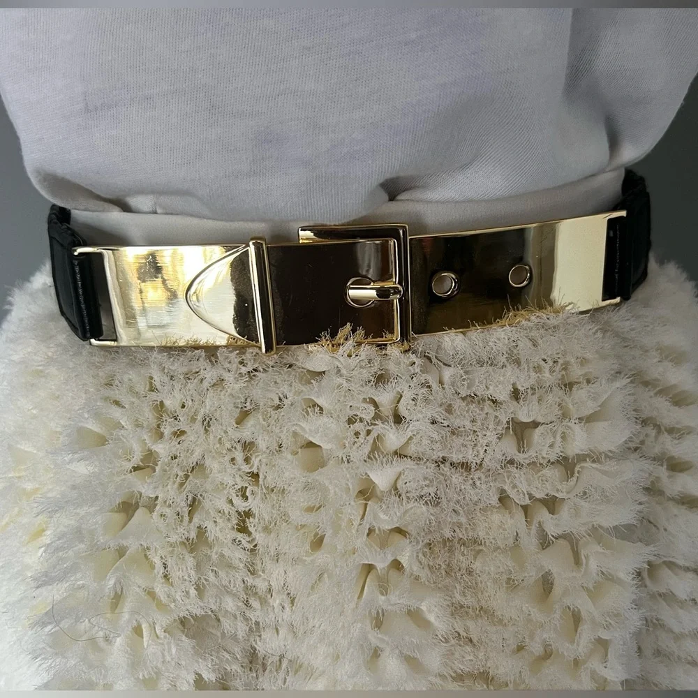 BCBGMaxAzria Gold and Black Patent Metal Plate Belt